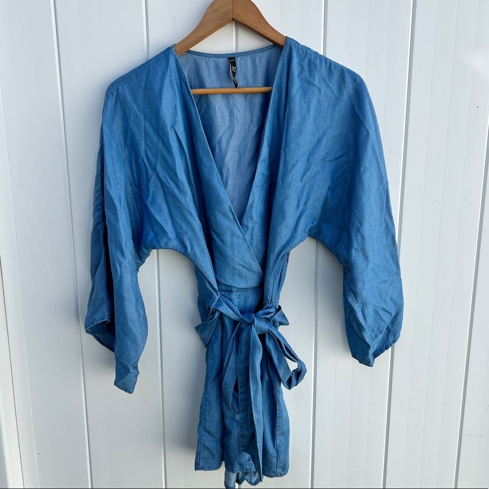 Zara Blue Chambray Kimono Sleeve Tie Waist Romper Medium